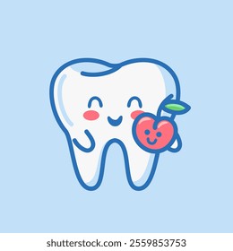 Adorable character, tooth with apple. The concept of the connection between proper nutrition and dental health. kawaii style. Ideal for medical brochure templates.