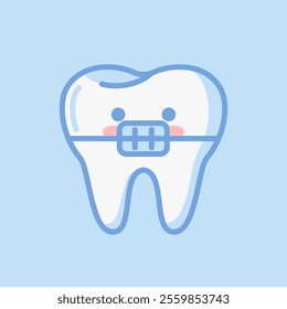 Adorable character, tooth with braces. kawaii style. This vector illustration has a flat design and is ideal for stickers, books or as a design element. Ideal for medical brochure templates.