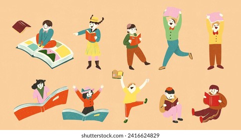 Adorable characters with book element set isolated on light orange background