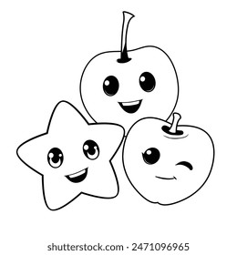 Adorable characters for coloring: star, cherry and apple on a white background. All elements are drawn with clear lines on a white background, which makes them ideal for children's creativity.