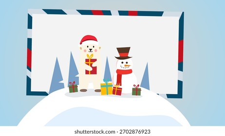 Adorable characters posing together on snowy hill with festive gifts