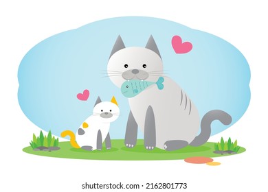 Adorable characters stories of Mother cat feeding kitten with fresh fish, For used in children's tales, Illustration, Vector of two cats, Elements of grass field and sky isolated on white background.