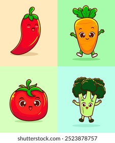 Personajes Adorables de Verduras. Vector gratis de verduras lindas, chile, zanahoria, tomate y brócoli.