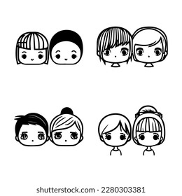 Adorable and charming Hand drawn collection set of cute kawaii couple head logos, perfect for expressing love and affection