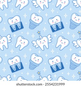 Adorable and Charming Tooth Pattern Perfectly Designed for a Dental Theme Concept. Healthy organ, digestive system. Vector illustration. Health problems. For textile, wallpaper, background. kawaii