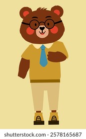 An adorable and charming vector illustration of a smiling bear wearing a school uniform and glasses. This cute character is perfect for children's books, educational materials, school-related projects