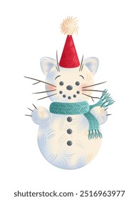An Adorable and Charming Winter Snowman Cat, Wearing a Colorful Hat and a Cute Scarf. Cute childrens Christmas character. illustration in watercolor style. For sticker, postcard, design