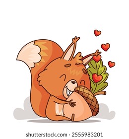 An adorable and cheerful cartoon squirrel joyfully hugs a cute acorn while being surrounded by colorful hearts