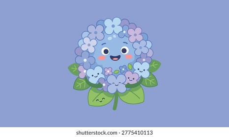 Adorable and cheerful flat design illustration of a happy hydrangea flower character. Perfect for children's books, educational materials, and decorat