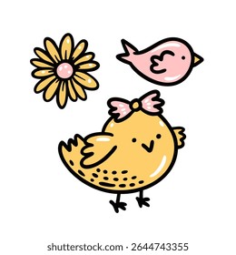An adorable and cheerful illustration depicting cute cartoon birds alongside vibrant flowers