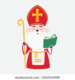 Adorable and cheerful illustration of Sinterklaas or Saint Nicholas with a gift