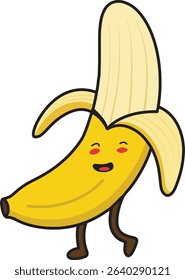 Adorable and cheerful peeled banana cartoon character illustration with a happy face, perfect for food-related designs, kids' projects and playful branding. Features a transparent