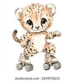 An adorable cheetah cub, rendered in a charming watercolor style, is depicted confidently balancing on roller skates, showcasing a playful and active spirit.
