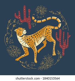 Adorable cheetah hunt with spinifex grass and cactus illustration Vector