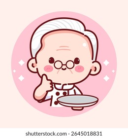Adorable chef grandpa character holding a plate and giving a thumbs up. Ideal for menu covers, cooking blogs, and food illustrations.