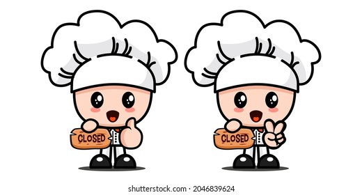 Adorable chef holding closed sign - Cute Adorable Doodle Illustration