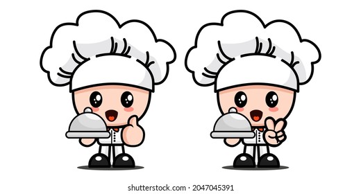 Adorable chef holding tray platter - Cute Adorable Doodle Illustration