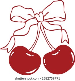 Adorable Cherry Bow. Coquette Cherries for Valentines Day, Love, Romance Concept. Design Template for Cards, Decorations, Gifts. Cherry Clipart