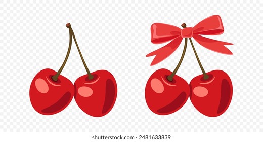 Adorable Cherry Couple and Bow. Cute Cherries for Valentine s Day, Love, Romance Concept. Design Template for Cards, Decorations, Gifts. Cherry Love, Cherry Pair, Cherry Romance Clipart