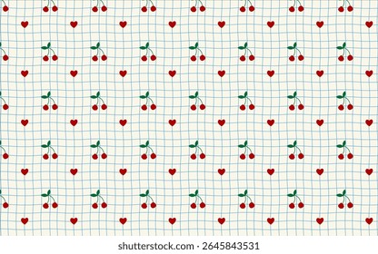 Adorable cherry and heart seamless pattern. Ideal for textiles, scrapbook paper, kids' products, and unique branding. A charming addition to any print or digital project