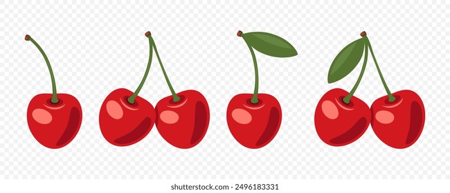 Adorable Cherry Icon Set. Cute Cherries for Valentine s Day, Love, Romance Concept. Design Template for Cards, Decorations, Gifts. Cherry Clipart