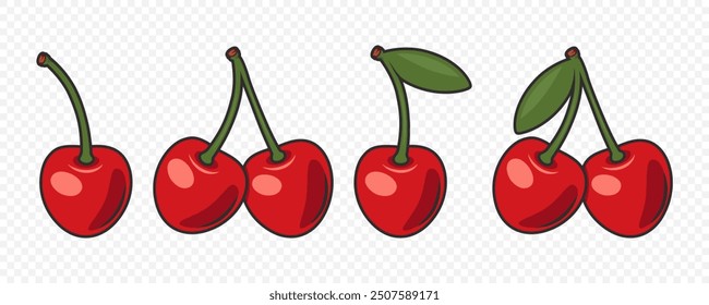 Adorable Cherry Icon Set. Cute Cherries for Valentine s Day, Love, Romance Concept. Design Template for Cards, Decorations, Gifts. Cherry Clipart