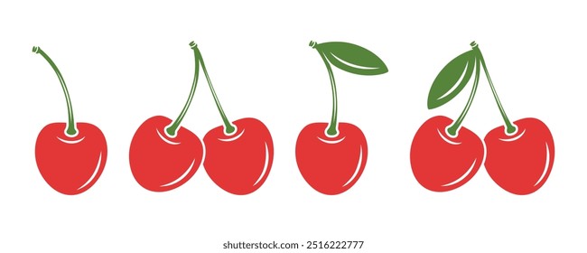 Adorable conjunto de iconos de cereza. Cerezas lindas para el día de San Valentín, amor, concepto de romance. Plantilla de diseño de estilo de página para colorear para tarjetas, decoraciones, regalos. Clipart de cereza