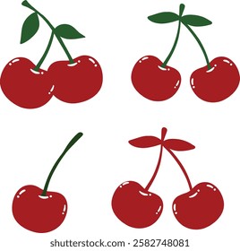 Adorable Cherry Set. Cute Cherries for Valentines Day, Love, Romance Concept. Design Template for Cards, Decorations, Gifts. Cherry Clipart