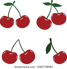 Adorable Cherry Set. Cute Cherries for Valentines Day, Love, Romance Concept. Design Template for Cards, Decorations, Gifts. Cherry Clipart