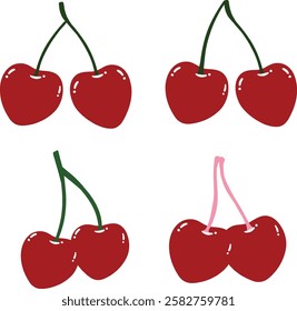 Adorable Cherry Set. Cute Cherries for Valentines Day, Love, Romance Concept. Design Template for Cards, Decorations, Gifts. Cherry Clipart