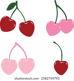 Adorable Cherry Set. Cute Cherries for Valentines Day, Love, Romance Concept. Design Template for Cards, Decorations, Gifts. Cherry Clipart