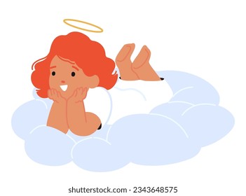 Adorable Cherubic Baby Angel Character With Red Hair, Halo, Tiny Wings, And A Sweet Smile, Lying on the Cloud, Capturing Hearts With Its Innocence And Charm. Cartoon People Vector Illustration