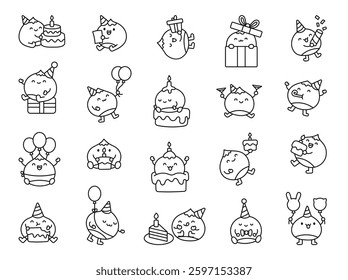 Adorable chestnut birthday set featuring cute characters with party hat, cake, balloons, gift, confetti, candle, greeting cards, and festive accessories in various joyful poses