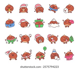 Adorable chestnut and christmas cartoon characters set featuring kawaii cute emotions and accessories for winter holidays, snowmen, gifts, decorations, and cheerful holiday spirit