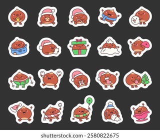 Adorable chestnut and christmas cartoon characters set featuring kawaii cute emotions and accessories for winter holidays, snowmen, gifts, decorations, and cheerful holiday spirit