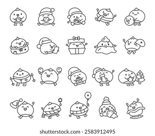 Adorable chestnut and christmas cartoon characters set featuring kawaii cute emotions and accessories for winter holidays, snowmen, gifts, decorations, and cheerful holiday spirit