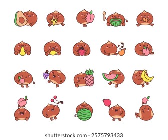 Adorable chestnut and fruit characters set featuring smiling and sitting cartoon designs holding various foods for creative kawaii illustrations and friendly cute concepts