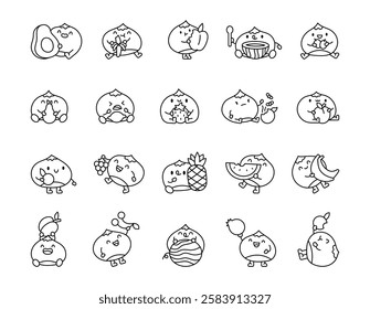 Adorable chestnut and fruit characters set featuring smiling and sitting cartoon designs holding various foods for creative kawaii illustrations and friendly cute concepts