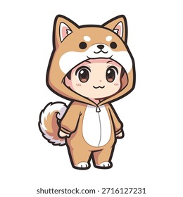 Adorable personaje chibi vestido con un acogedor mono Shiba Inu, perfecto para diseños lindos y juguetones.