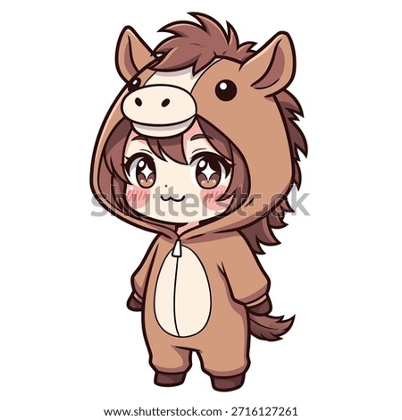 Adorable chibi character dressed in a cozy horse onesie, with big expressive eyes and a playful smile.