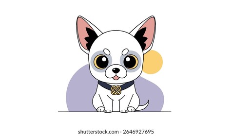 Adorable Chibi Chihuahua with Big Expressive Eyes Wearing a Decorative Collar Sitting on a Perched Background with Soft Circles