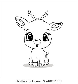 "Adorable Chibi Christmas Reindeer black and white Vector Illustration"