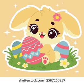 Adorable chibi Easter bunny holding a decorated egg, surrounded by grass and flowers. Cute pastel cartoon illustration, perfect for Easter cards, stickers, invitations, and festive decorations. sticke