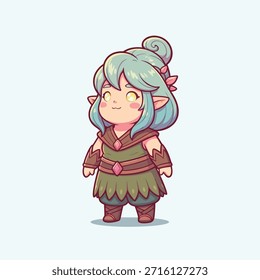 An adorable chibi elf character with light green hair, pointy ears, and a charming fantasy outfit, standing with a gentle expression.