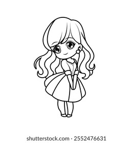 Adorable chica chibi con ojos grandes. Perfecto contorno en blanco y negro para colorear páginas.