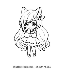 Adorable chica chibi con ojos grandes y lindas orejas de gato. Perfecto contorno en blanco y negro para colorear páginas.