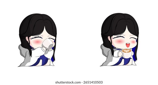 Adorable Chibi Girl Drinking Coffee Latte Art. Cartoon Vector Art Hand drawing