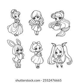 Adorables chicas chibi con ojos grandes. Perfecto contorno en blanco y negro para colorear páginas. Conjunto de princesas.