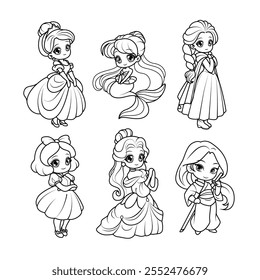 Adorables chicas chibi con ojos grandes. Perfecto contorno en blanco y negro para colorear páginas. Conjunto de princesas.