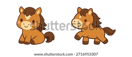Adorable chibi horse character set. Features two cute brown ponies in sitting and walking poses. Kawaii animal vector illustration.